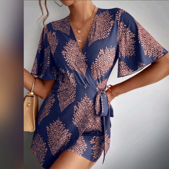 Boho Tropical Leaf Print Wrap Romper S, M, L, XL NWOT - Picture 3 of 8